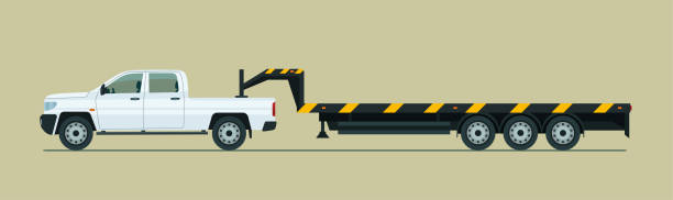 буксировка пикапа с прицепом изолированы. вектор плоский стиль иллюстрации. - vehicle trailer illustrations stock illustrations