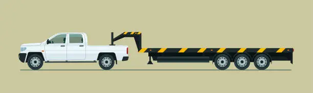 Vector illustration of Towing pickup truck with trailer isolated. Vector flat style illustration.