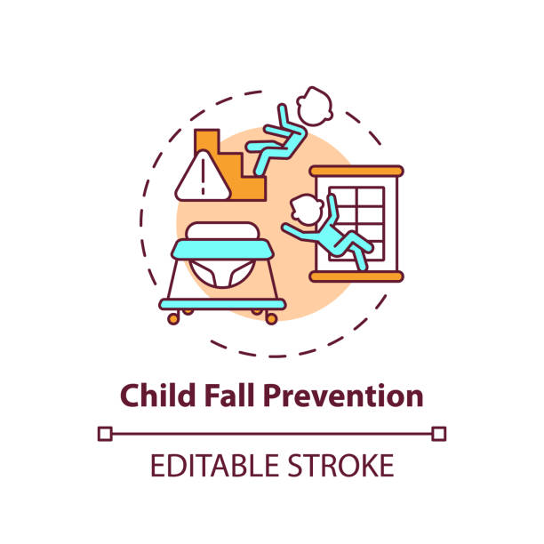illustrazioni stock, clip art, cartoni animati e icone di tendenza di icona del concetto di prevenzione delle caduta dei bambini - babyproof