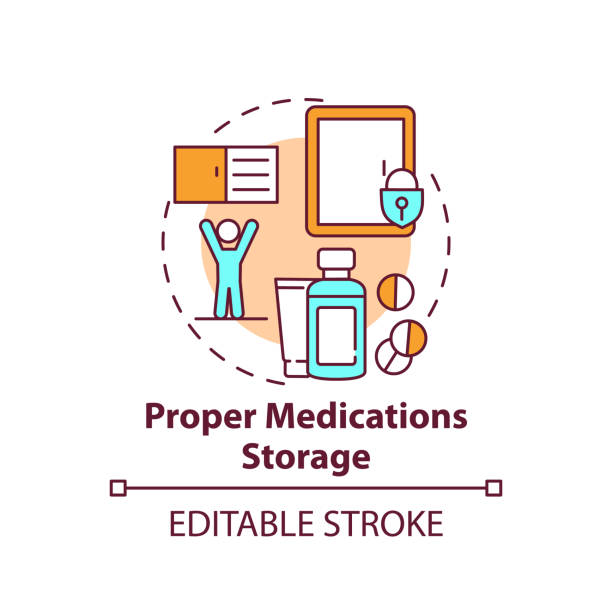 illustrazioni stock, clip art, cartoni animati e icone di tendenza di icona corretta del concetto di conservazione dei farmaci - babyproof