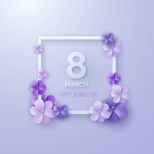 Happy Women's Day. Happy Women's Day. Floral cover design. Vector holioday illustration with white frame, violet paper flowers and cutout paper letters 8 march. Vintage decoration for poster or banner design violet flower stock illustrations