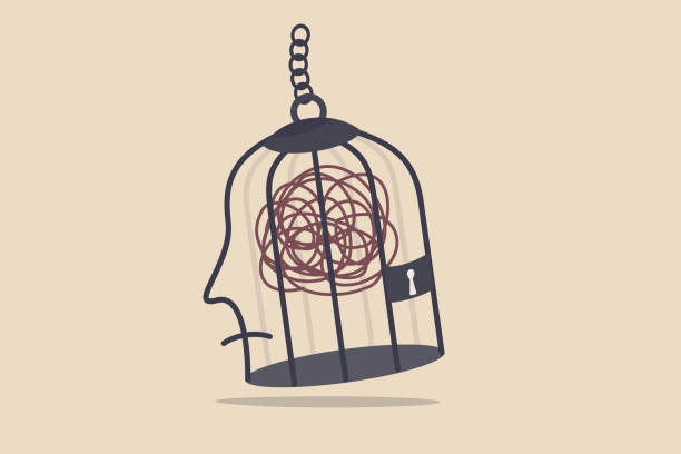 illustrations, cliparts, dessins animés et icônes de la santé mentale, le stress et l’anxiété du travail, la dépression ou l’obsession dans le concept du cerveau humain, la métaphore mess ligne de stress et de troubles dans la cage à oiseaux avec la ligne comme la tête humaine. - bird brain