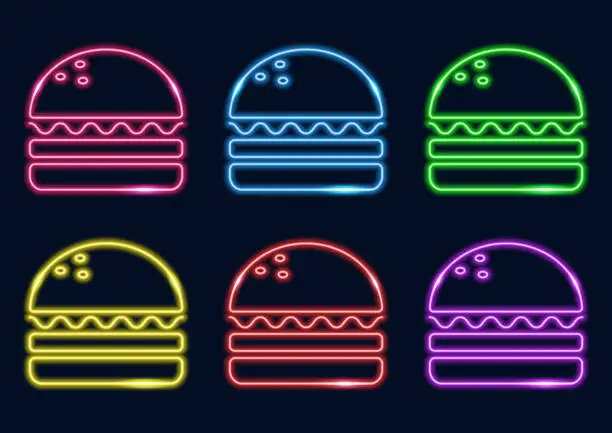 Vector illustration of Neon sign. Set of burgers in neon style. Laser glowing lines on a dark background.
