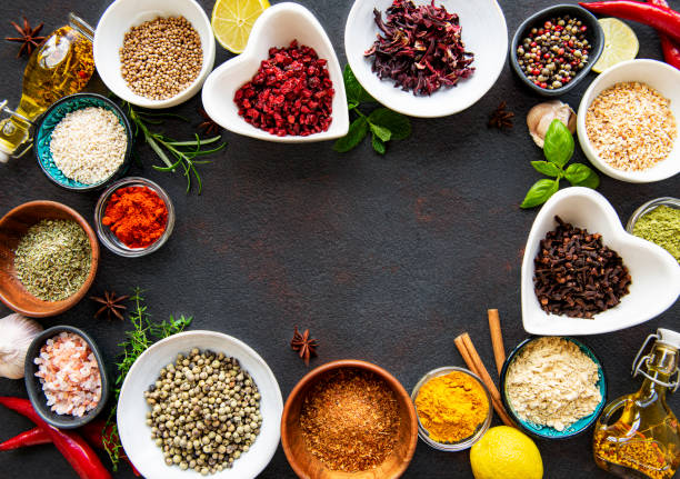 istock Various spices in a bowls on a black 1296130986