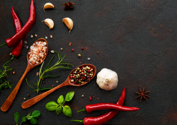 variety of colorful spices - pepper chili pepper frame food imagens e fotografias de stock