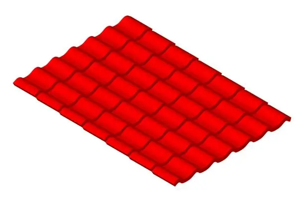 Vector illustration of Isometric vector illustration red corrugated tile element of roof isolated on white background. Realistic corrugated metal tiles for roof covering vector icon in flat cartoon style. Building material.