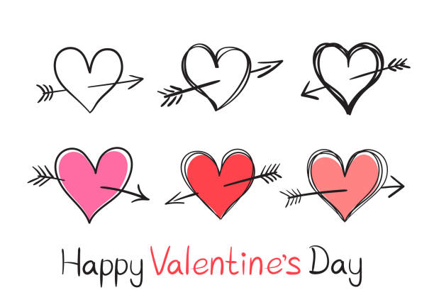 Happy Valentines hearts set Happy Valentine outline heart pierced by an arrow set isolated on white background. Love Cupid sign concept. Romantic holiday symbol collection computer icon symbol set alphabet stock illustrations