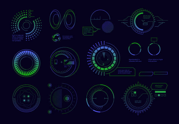 Satellite hud ui. Circle radar futuristic digital templates army target navigation display scanner screen vector set Satellite hud ui. Circle radar futuristic digital templates army target navigation display scanner screen vector set. Illustration ui interface, futuristic digital screen military infographic elements stock illustrations