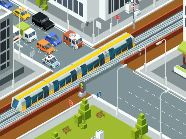 Vector illustration of Railway crossing isometric. Trains cars rails traffic barrier stations vector background