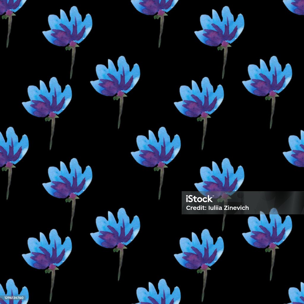 Seamless Continuous Pattern Blue Flowers On Black Background Stock ...
