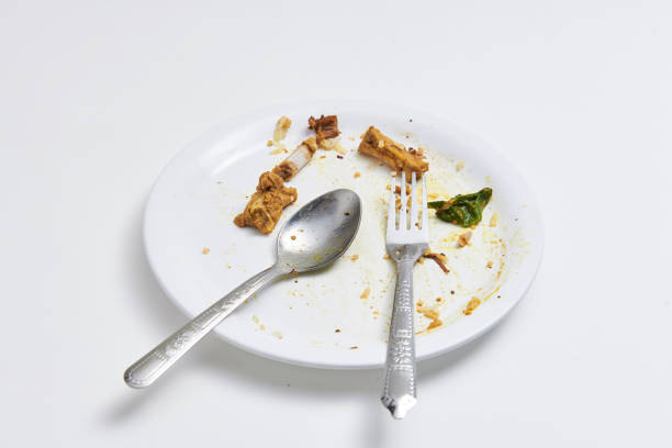 더러운 뼈와 음식 찌꺼기왼쪽으로 완성 된 음식 접시 - dirt food plate fork 뉴스 사진 이미지
