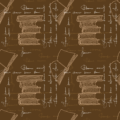 Old books and imitation inscriptions. Seamless pattern. Beige and brown colors