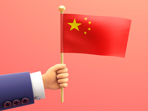 Cartoon Hand holding a flag of China. 3d illustration.