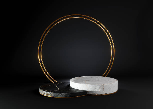 istock 3d render illustration of black and white marble podium on black background 1296137110