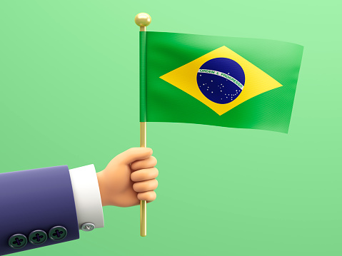 Cartoon Hand holding a flag of Brazil. 3d illustration.