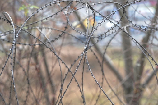 barbed wire fence at the border, obstacle when crossing the border