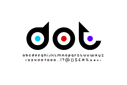 Original modern alphabet, rounded black font, trendy letters and numbers with colored dot, vector illustration 10EPS