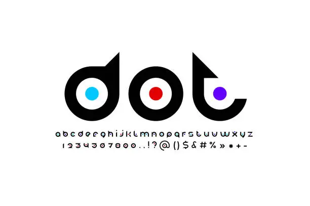 Vector illustration of Original modern alphabet, rounded black font, trendy letters and numbers with colored dot, vector illustration 10EPS