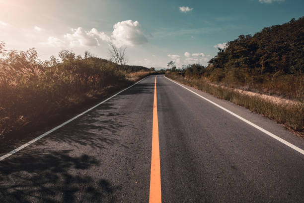 istock Empty asphalt road through the green field 1296137732