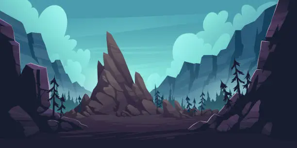 Vector illustration of Mountain landscape with forest and lonely cliff