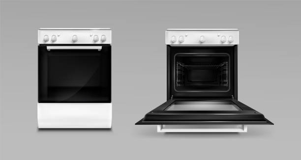 Oven, electric appliances, open or closed stove Oven, electric kitchen appliances, open or closed stove of white color front view. Household technics with switches. Home tech equipment isolated grey background, realistic 3d vector illustration oven dials stock illustrations