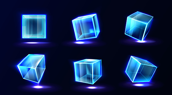 Plastic or glass cubes glowing with neon light in different angle view, clear square box, crystal block, aquarium or exhibit podium, isolated glossy geometric objects, Realistic 3d vector illustration