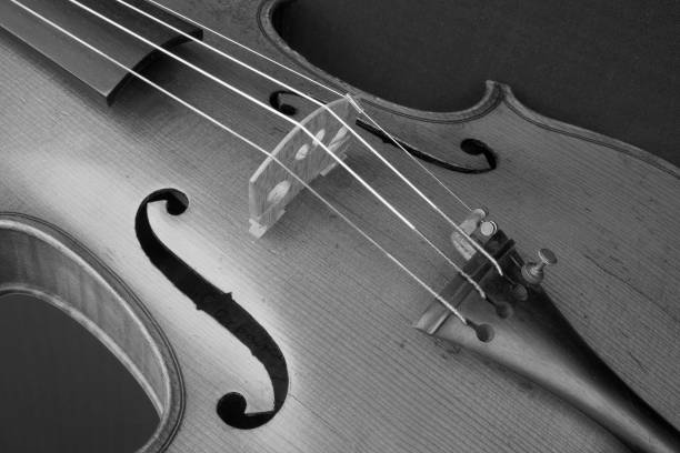 istock Black and white closeup image of a violin 1296140345