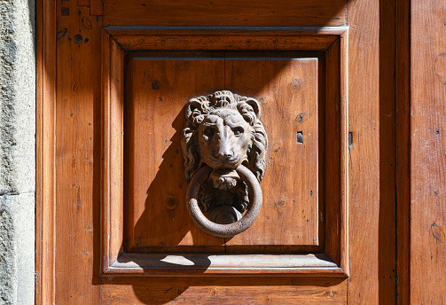 Detail of an old door knocker in the shape of a lion's head on an entrance door, Siena, Tuscany, Italy