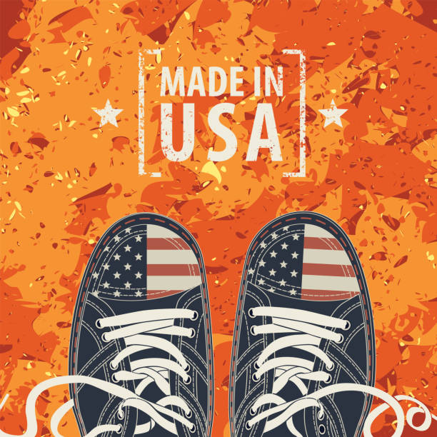 banner with words Made in USA and sneakers Vector banner with words Made in USA and Stylized sneakers with American flag colors on an orange abstract background. Suitable for flyer, banner, poster, price tag, label usa flag shoes stock illustrations