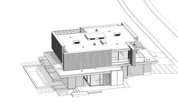 istock 3d rendering of modern house with wood plank facade black line on white background 1296143604