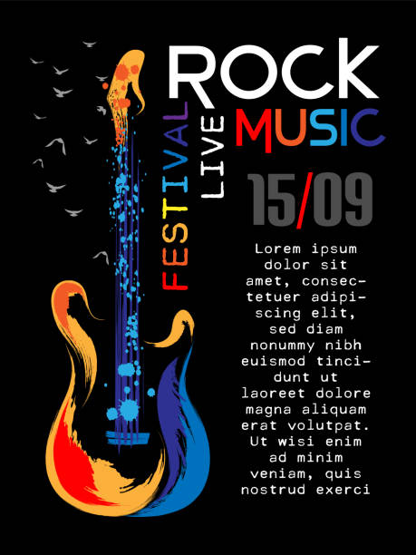 Rock music festival poster template. Vertical banner with rock guitar in grunge style and paint splashes. Rock music festival poster template. Vertical banner with rock guitar in grunge style and paint splashes. music festival stock illustrations