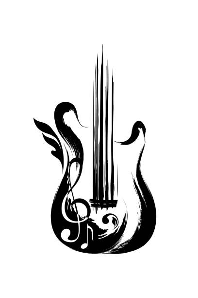 ilustraciones, imágenes clip art, dibujos animados e iconos de stock de guitarra de roca de tinta y salpicaduras de pintura. elemento de decoración de arte. - bass guitar