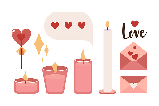 Vector set of illustrations for Valentines Day. Letters, candles, lollipop, heart, romantic.