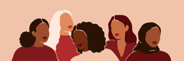 pięć kobiet różnych grup etnicznych i kultur stoi obok siebie. silne i odważne dziewczyny wspierają się nawzajem i ruch feministyczny. siostrzeństwo i kobieca przyjaźń. - afrykanin obrazy stock illustrations
