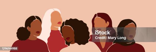 Five Women Of Different Ethnicities And Cultures Stand Side By Side Together Strong And Brave Girls Support Each Other And Feminist Movement Sisterhood And Females Friendship Stock Illustration - Download Image Now