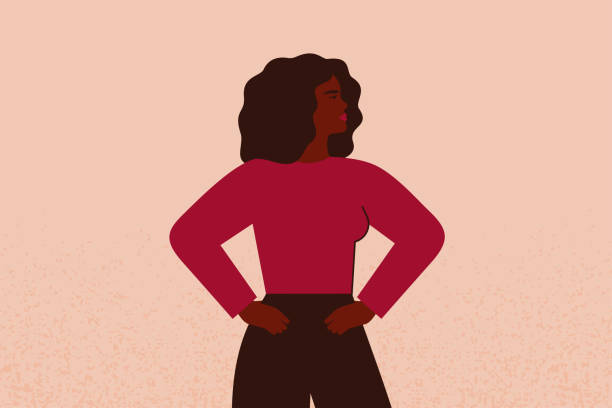 Strong black female with hands on her hips looks forward. Confident African American Businesswoman or entrepreneur supports the feminism movement. Strong black female with hands on her hips looks forward. Confident African American Businesswoman or entrepreneur supports the feminism movement. Vector illustration black hair illustrations stock illustrations