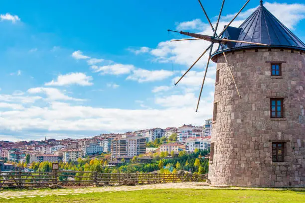 The picturesque Altinkoy Park with the old windmill on the outskirts of Ankara on a sunny autumn day