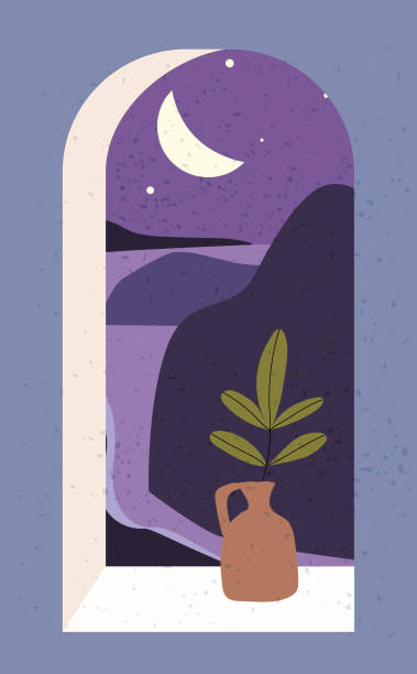 istock Open old window with landscape absctract view and stillife, vase, friut. Mountains sea and ocean. Minimal modern boho trendy style. Vector illustration flat isolated 1296146075