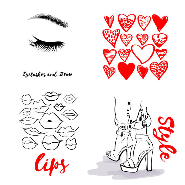 Ilustración de Pestañas Y Cejas Patrón De Corazones Rojos Decorativos Set De Labios De Dibujo A Mano Estilo De Letras De Signo Tacones Altos De Moda Zapatos De Verano En Estilo De Ilustración de Pestañas Y Cejas Patrón De Corazones Rojos Decorativos Set De Labios De Dibujo A Mano Estilo De Letras De Signo Tacones Altos De Moda Zapatos De Verano En Estilo De
