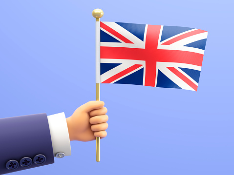 Cartoon Hand holding a flag of United Kingdom - Great Britain. 3d illustration.