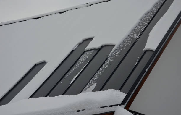 ein graues metalldach in einer bergumgebung ist am besten für die entwässerung von schnee und schmelzenden schnee. neue tiatan zinkblechdächer sind langlebig und nicht korrosiv. eine schneeschicht kommt sehr leicht vom dach - winter snow non urban scene house stock-fotos und bilder