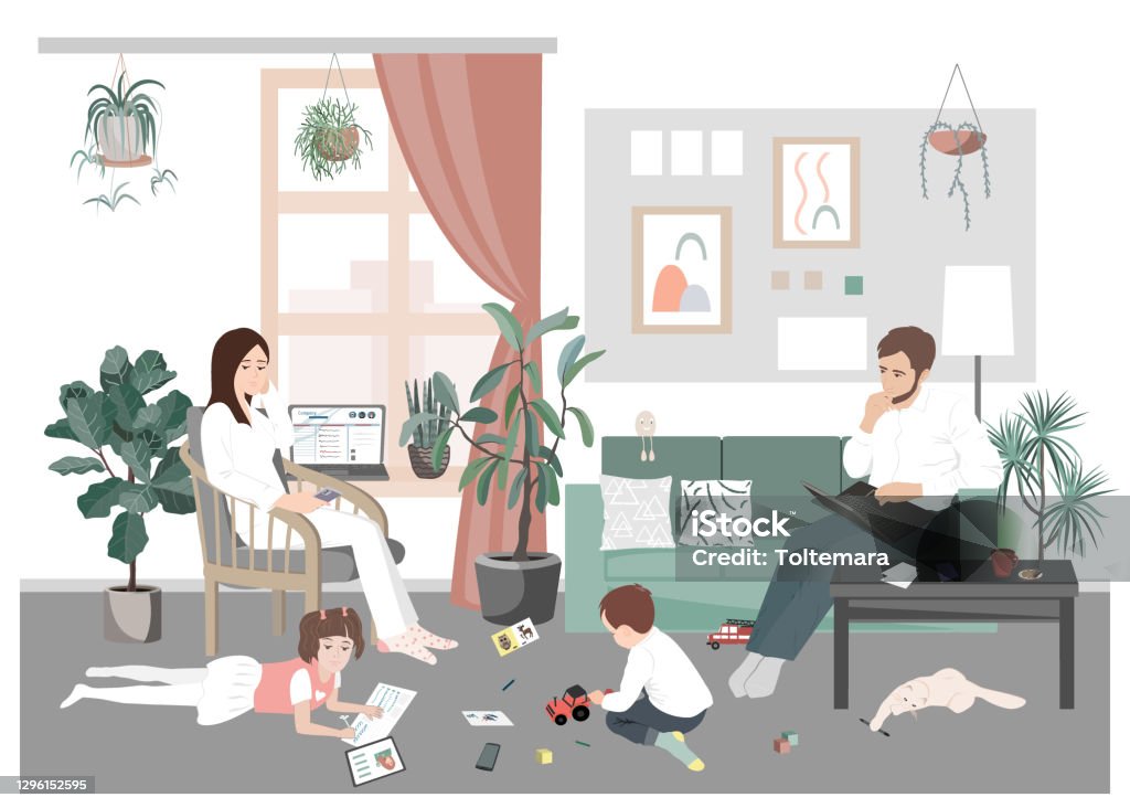 Young family couple and kids stay home and have distant work and learning during pandemic. Young parents with sons and daughter have remote job. Online business with children in quarantine. Young family couple and kids stay home and have distant work and learning during pandemic. Young parents with sons and daughter have remote job. Online business with children in quarantine lockdown Working At Home stock vector