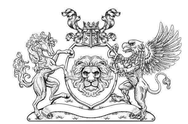 팔 크레스트 그리핀 호스 패밀리 쉴드의 코트 - shield lion griffin crown stock illustrations