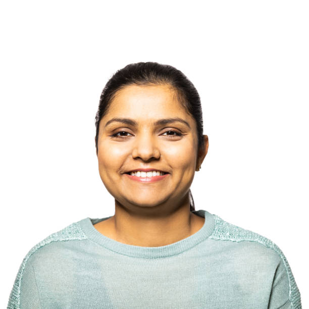 istock Happy Indian woman on white background 1296154761