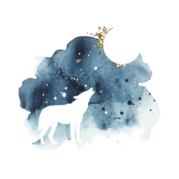 Vector illustration of Vector silhouette of wolf howling at the full moon. Watercolor print with isolated animal in dark and golden colors. Night sky. Abstract watercolor vector splash