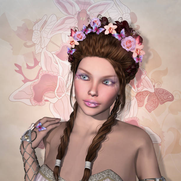 Beautiful woman portrait with flowers in her hair – 3D render