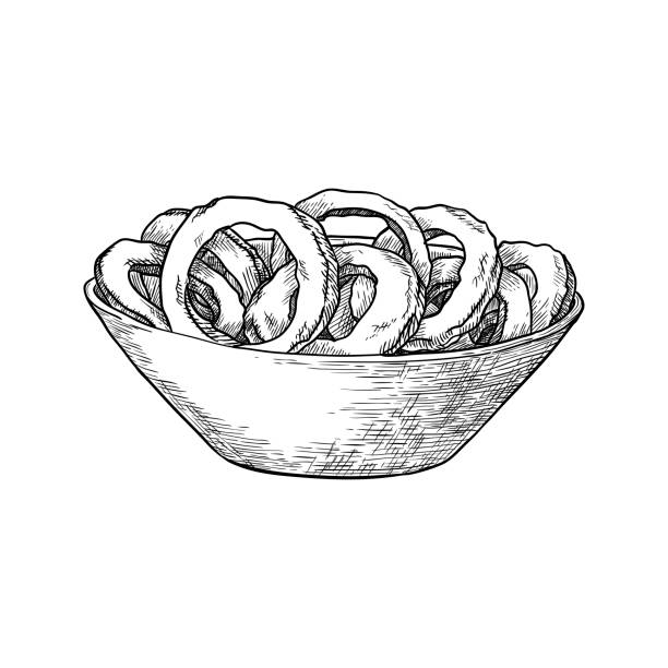 чаша с луковыми кольцами изолирована на белом фоне. нарисованная вручную векторная иллюстрация. - take out food white background isolated on white american cuisine stock illustrations
