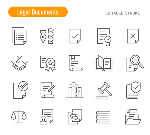 ilustraciones, imágenes clip art, dibujos animados e iconos de stock de iconos de documentos legales - serie de líneas - trazo editable - contrato ilustraciones