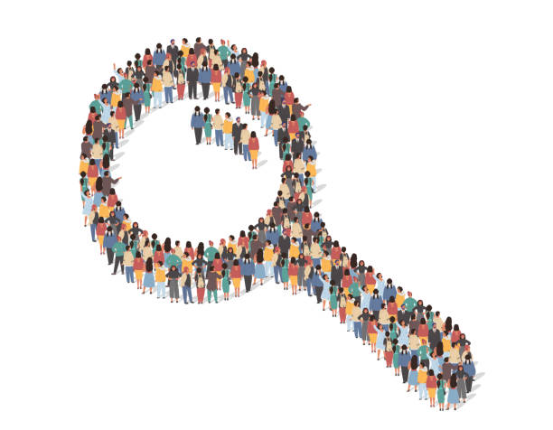 istock Large group of people standing together in the shape of magnifying glass, flat vector illustration. Hiring, employment. 1296157313