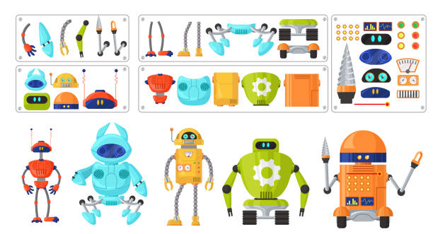 illustrations, cliparts, dessins animés et icônes de ensemble mignon de caractère de dessin animé de robot, illustration plate d’isolement de vecteur. constructeur de machine de robot. animation robotique. - robot